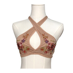 Without Walls Embroidered Floral Nude Mesh Cross Front Lined Halter Bra Medium